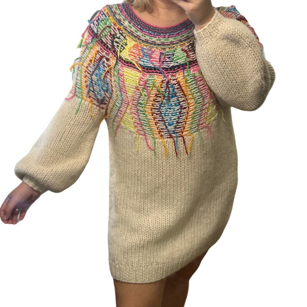 Mes Demoiselles Oversized Sweater Dress Alpaca Wool Jumper Colorful Fringe Art